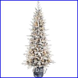 4.5Ft Pre-lit Potted Christmas Tree Snow Flocked Small Artificial Tree&150 light