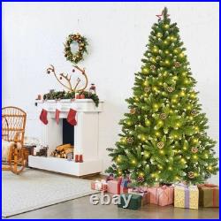 4/5/6/7Ft Artificial Christmas Tree with Lights LED Snow Flocked Pine Cone Xmas