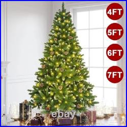 4/5/6/7Ft Artificial Christmas Tree with Lights LED Snow Flocked Pine Cone Xmas