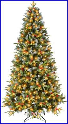 4-9ft Prelit Artificial Christmas Tree Snow Frosted with Pinecones & Red Berries
