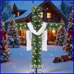 5Ft Christmas Cross Tree with LED Lights, Silk Scarf, Christ Crown for Christian
