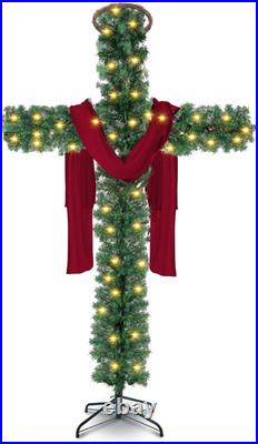 5 Ft Cross Christmas Tree with Light Prelit Christmas Tree with Rattan Christ Cr