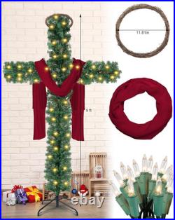 5 Ft Cross Christmas Tree with Light Prelit Christmas Tree with Rattan Christ Cr