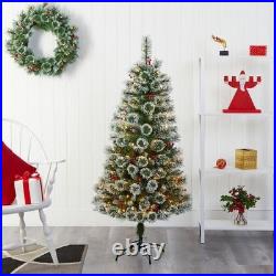 5ft Pre-Lit Frosted Swiss Pine Christmas Tree 200 LED Lights Berries Artificial