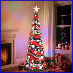 6FT Pop Up Christmas Tree With Lights, Prelit Collapsible, Ribbon, Bows, Xmas Tree