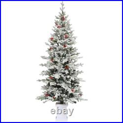 6FT Pre-Lit Flocked Arctic Fir Pencil Christmas Tree 150 Light Home Office Decor