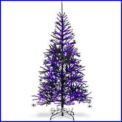 6FT Pre-Lit Hinged Halloween Tree Black with 250 Purple LED Lights & 25 Ornaments