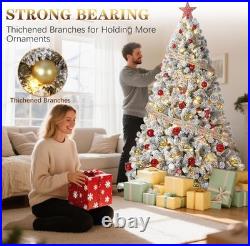 6FT Pre-Lit Snow Flocked Artificial Full Christmas Tree with Warm Lights, Art