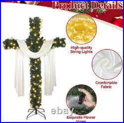 6Ft Artificial Christmas Cross Tree with Lights & Silk Scarf for Decor