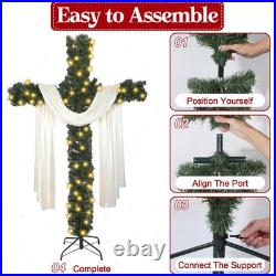 6Ft Artificial Christmas Cross Tree with Lights & Silk Scarf for Decor