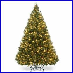6Ft Pre-Lit PVC Artificial Carolina Pine Tree Flocked Cones Hinged with LED Lights
