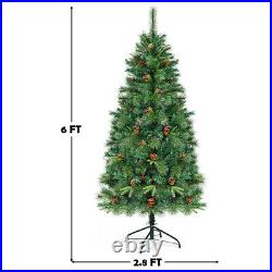 6Ft Pre-lit Hinged PE Artificial Christmas Tree with 250 LED Lights & Pine Cones