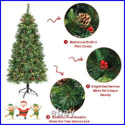 6Ft Pre-lit Hinged PE Artificial Christmas Tree with 250 LED Lights & Pine Cones