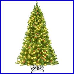 6.5Ft Pre-lit Hinged Christmas Tree with Pine Cones Red Berries and 450 LED Lights