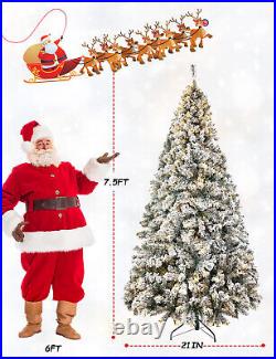 6/7.5ft Artificial Pre-lit Christmas Tree Snow White Flocked Hinged withLED Lights