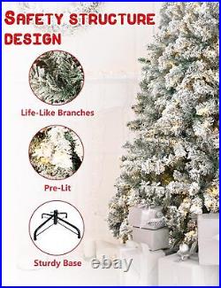 6/7.5ft Artificial Pre-lit Christmas Tree Snow White Flocked Hinged withLED Lights