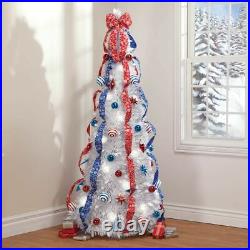 6-Foot Pre-Lit LED Fully Decorated Red, White & Blue Pull-Up Christmas Tree
