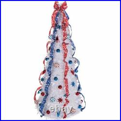 6-Foot Pre-Lit LED Fully Decorated Red, White & Blue Pull-Up Christmas Tree