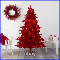 6' Red Flocked Pre-lit Christmas Tree with350 Red LED's and 33 Globe. Retail $332