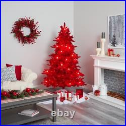 6' Red Flocked Pre-lit Christmas Tree with350 Red LED's and 33 Globe. Retail $332