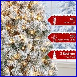 6ft Snow Flocked Pre-lit Christmas Tree with 250 White Lights, 820 Tips, Hinged