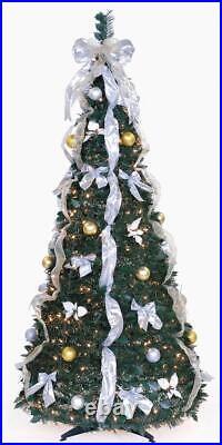 72 PRE LIT POP UP PULL UP DECORATED CHRISTMAS TREE 350 CLEAR LIGHTS Gold Silver