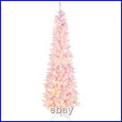 7FT Pre-Lit Snow Flocked Hinged Pencil Christmas Tree with 300 Lights & 8 Modes