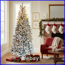 7FT Snow Pencil Christmas Tree Flocked Pre-lit Artificial Holiday Decor with Light