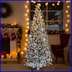 7FT Snow Pencil Christmas Tree Flocked Pre-lit Artificial Holiday Decor with Light