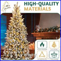 7FT Snow Pencil Christmas Tree Flocked Pre-lit Artificial Holiday Decor with Light