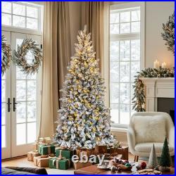 7FT Snow Pencil Christmas Tree Flocked Pre-lit Artificial Holiday Decor with Light
