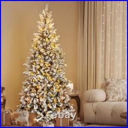 7FT Snow Pencil Christmas Tree Flocked Pre-lit Artificial Holiday Decor with Light