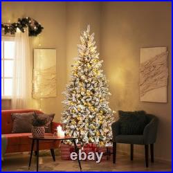 7FT Snow Pencil Christmas Tree Flocked Pre-lit Artificial Holiday Decor with Light