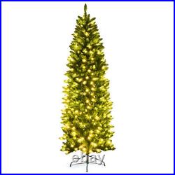7Ft Pre-lit Artificial Pencil Christmas Tree Hinged Fir PVC Tree /350 LED Lights