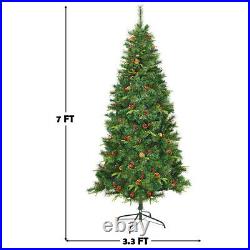 7Ft Pre-lit Hinged PE Artificial Christmas Tree with 350 LED Lights & Pine Cones