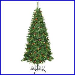 7Ft Pre-lit Hinged PE Artificial Christmas Tree with 350 LED Lights & Pine Cones