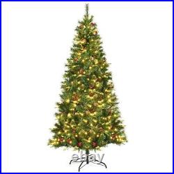 7Ft Pre-lit Hinged PE Artificial Christmas Tree with LED Lights & Pine Cones US