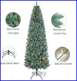 7.5FT Artificial Christmas Tree Slim Blue Spruce Prelit Lights Decor Holiday