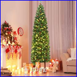 7.5Ft Pre-Lit Pencil Christmas Tree Hinged Artificial Slim Tree with LED Lights