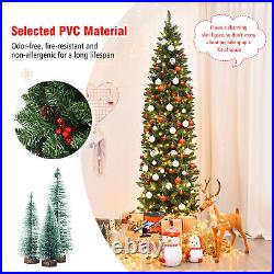 7.5Ft Pre-Lit Pencil Christmas Tree Hinged Artificial Slim Tree with LED Lights