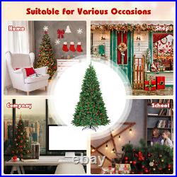 7.5Ft Pre-lit Hinged Christmas Tree with Pine Cones Red Berries and 550 LED Lights