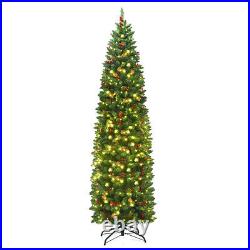 7.5Ft Pre-lit Hinged Pencil Christmas Tree withPine Cones Red Berries & 350 Lights