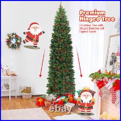 7.5Ft Pre-lit Hinged Pencil Christmas Tree withPine Cones Red Berries & 350 Lights