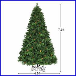7.5' Artificial Pre-Lit Christmas Tree Hinged LED Lights Pine Cones Metal Stand