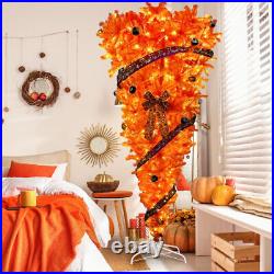 7.5 FT Orange Upside Down Christmas Tree with 300 LED Warm Lights X-mas Ribbon