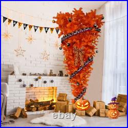 7.5 FT Orange Upside Down Christmas Tree with 300 LED Warm Lights X-mas Ribbon