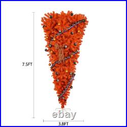 7.5 FT Orange Upside Down Christmas Tree with 300 LED Warm Lights X-mas Ribbon