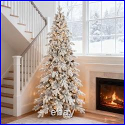 7.5 Ft PreLit Snow Flocked Christmas Tree Artificial Skinny Pencil Fir Xmas Tree