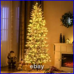 7.5ft Snow Flocked Pre-Lit Christmas Tree Warm Yellow Light Auto Open Extra Bulb
