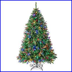7 FT Pre-Lit Christmas Tree Hinged with 390 Multi-Color LED Lights & Red Berries